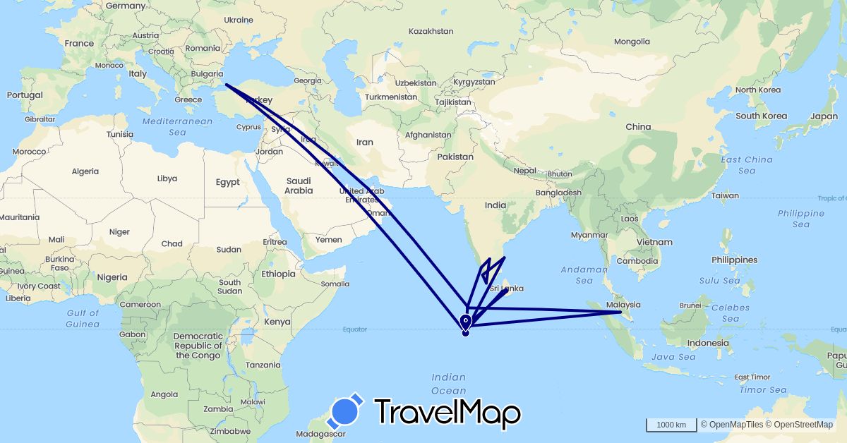 TravelMap itinerary: driving in United Arab Emirates, India, Sri Lanka, Maldives, Malaysia, Turkey (Asia)